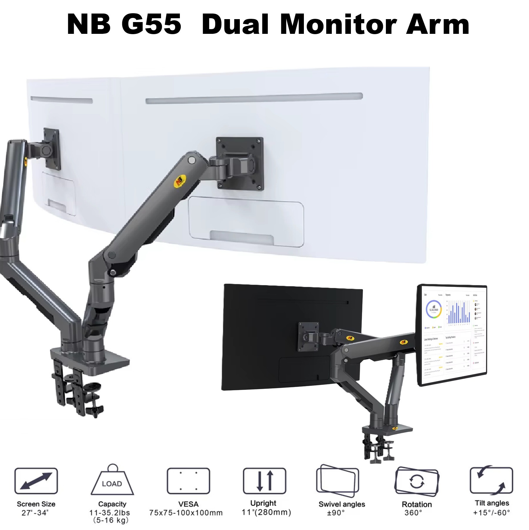 NB G55 Dual Monitor Arm For 27″–34″ Screens , 16KG Load Per Arm , Full Motion 360° Rotation, ±90° Swivel, +15°/-60° Tilt , Gas Spring Height Adjustment , C-Clamp & Grommet Mount With Cable Management