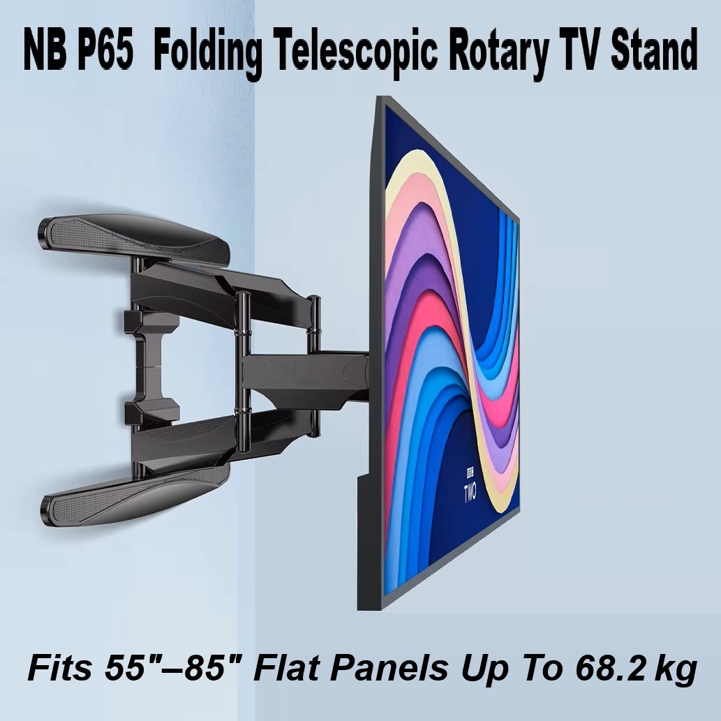 NB P65 Cantilever TV Wall Mount ; Fits 55″–85″ Flat Panels ; Full Motion Tilt +8°/-5°, Swivel 180°, Rotation ±4°, Max Load 68.2 kg, Max Extension 500 mm, Powder-Coated Steel