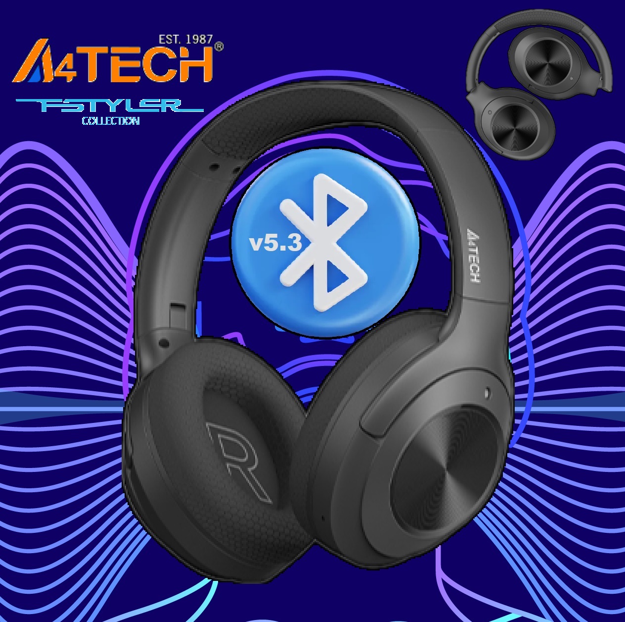 A4Tech BH220 Bluetooth v5.3 Wireless Headset – Up to 10m Range – Soft Mesh Fabric Padded Headband – Lightweight Ear Pads – USB Type C Rechargeable – 3 Ways Folding – Extended Play Time with 400mAh Battery – Black