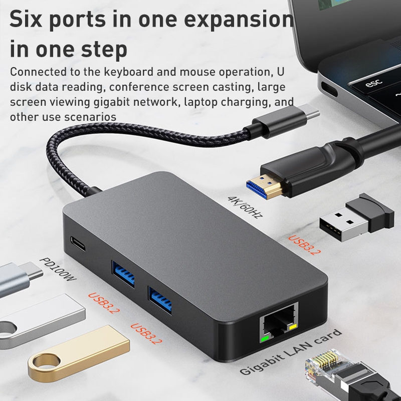 6 in 1 USB Type-C to ( USB3.2 + Gigabit Lan Internet + HDTV/HDMI 4K 60Hz ) HUB Adapter & Charging – BYL-2308 (Dark Gray)