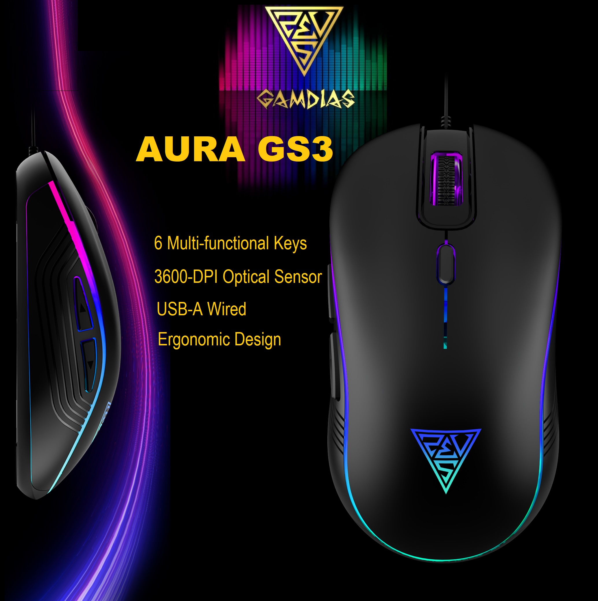 GAMDIAS AURA GS3 RGB Wired Gaming Mouse ; 7-color Breathing RGB ; 6 Programmable Keys ; 3600 DPI Optical Sensor ; Ergonomic Design ; USB-A Wired | BLACK