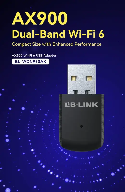LB-Link 950AX Mini USB Dongle WiFi 6 AX900 Adapter, Dual-Band 2.4GHz & 5GHz, 900Mbps Speed, MU-MIMO, WEP/WPA/WPA2 Security, Driver-Free for Windows | WDN950AX