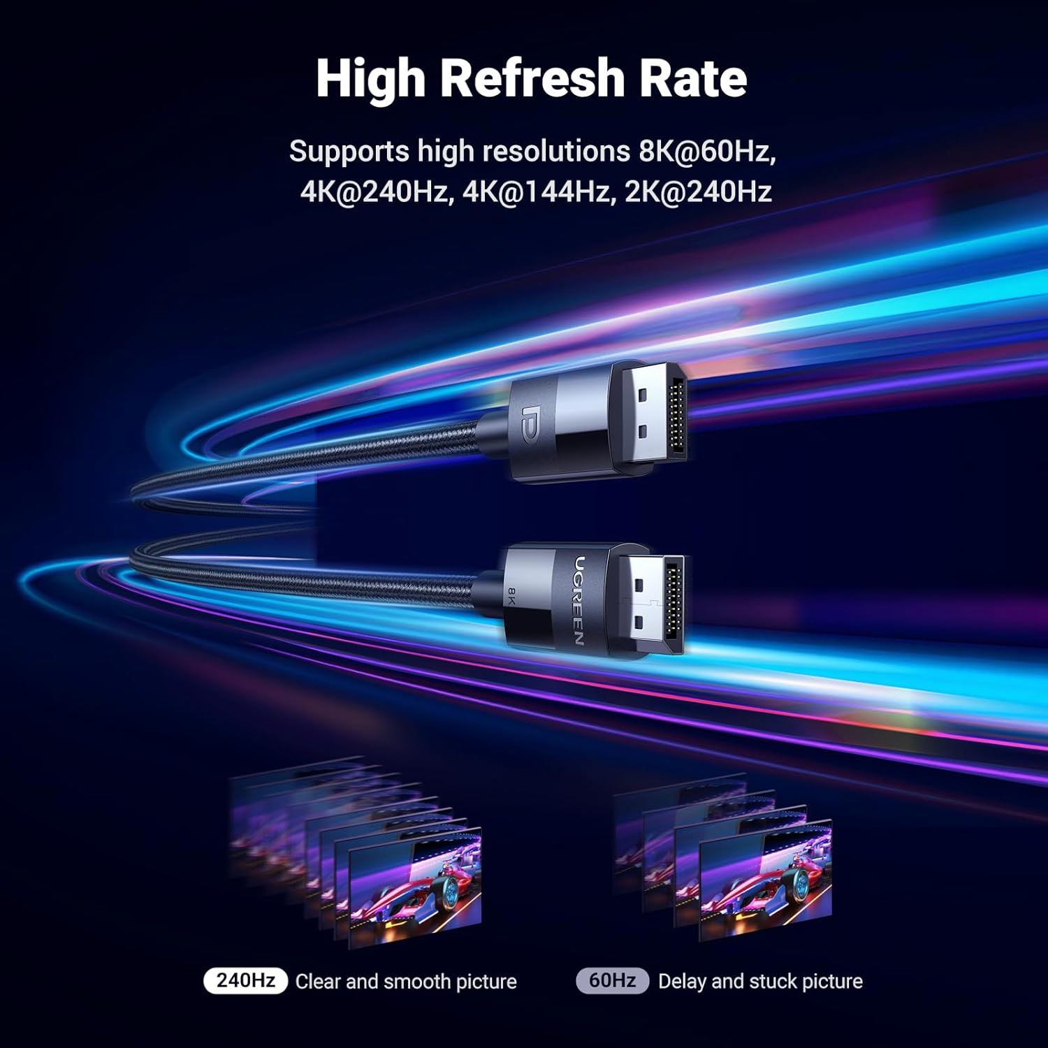 UGREEN VESA Certified 8K DisplayPort Cable , DP 1.4 Cable Displayport to Displayport Cable Support 8K@60Hz, 4K@240Hz, FreeSync, G-Sync, HDR, 32.4Gbps for HDTVs, Displays, Monitors, Graphics, PC | 3 Meters Braided Cable Black