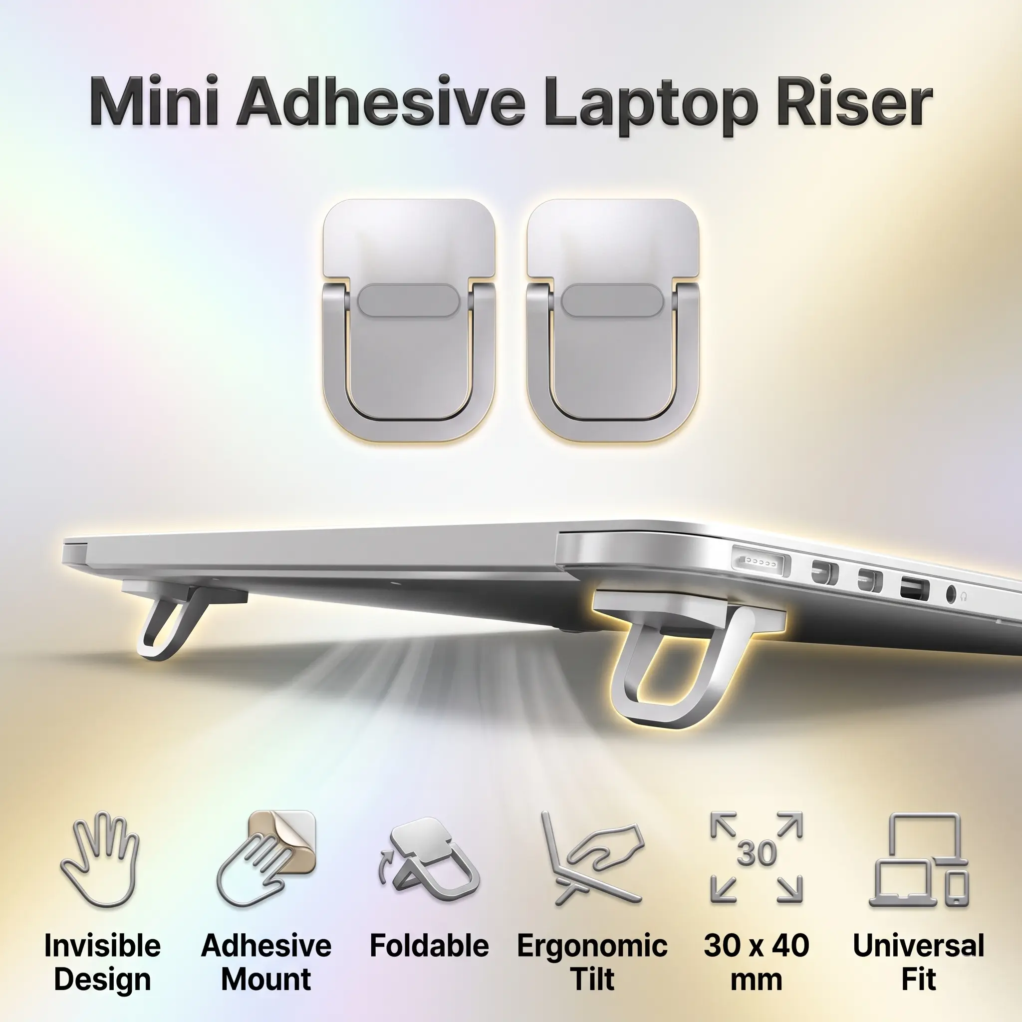 2PCS Adhesive Laptop Mini Riser , Invisible & Foldable Small Stand, Zinc Alloy, For 10 To 18 Inch Laptop – MacBook – Keyboard, Ergonomic Tilt Pads With 3M Stickers | SILVER ~ N95-2
