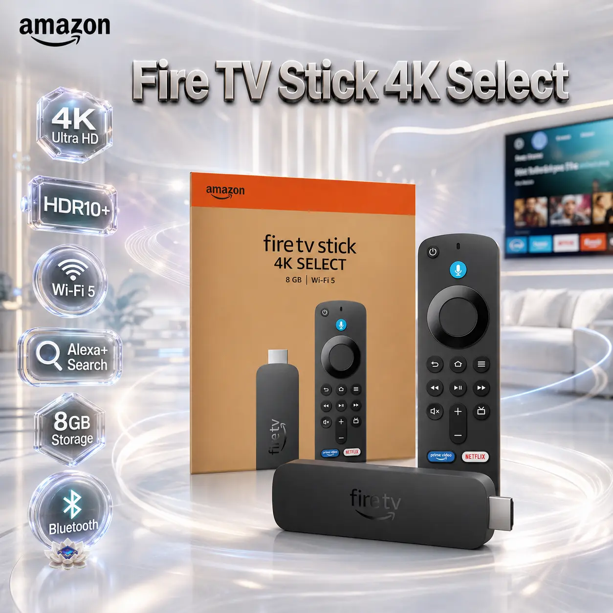 Amazon Fire TV Stick 4K Select Streaming Device, 2160p 4K HDR10+, Wi-Fi 5, Alexa+ AI Search, 8GB Storage, Bluetooth & Alexa Voice Remote.