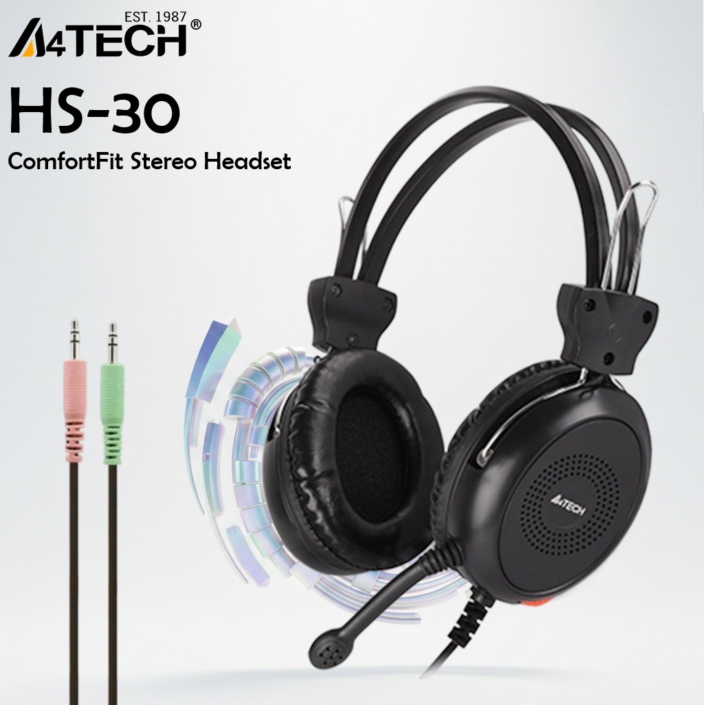 A4TECH HS-30 ComfortFit Stereo Headset With 40mm Drivers, Dual 3.5mm Audio And Microphone Jacks, Omnidirectional Noise-Cancelling Mic, Adjustable Headband, And On-Headset Volume Control