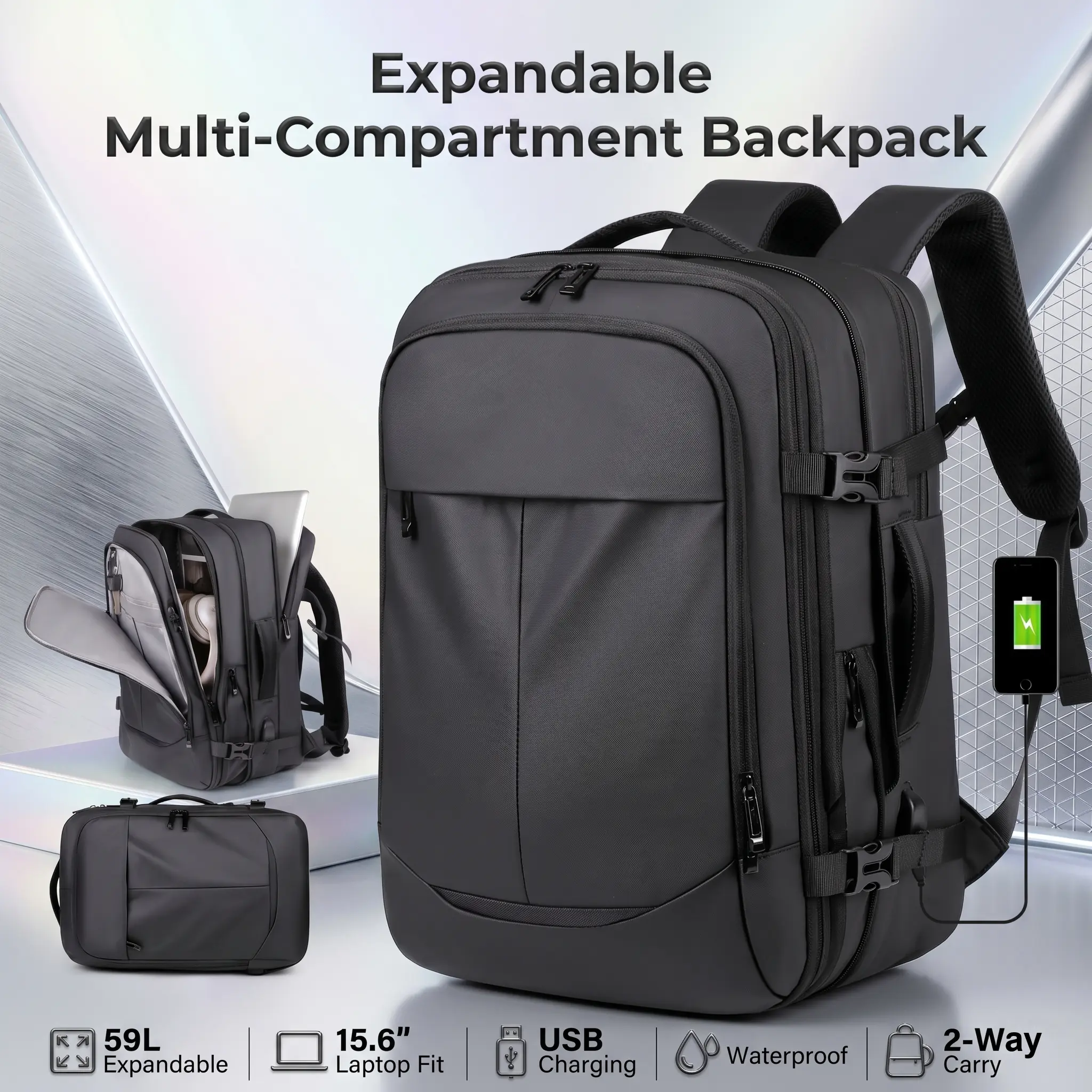Expandable Multi-Compartment Backpack With USB Charging Port, 36–59L, 15.6 Inch Laptop Compartment, Waterproof Polyester , 2-Way Carry, Ergonomic Back Support, Travel Business Bag