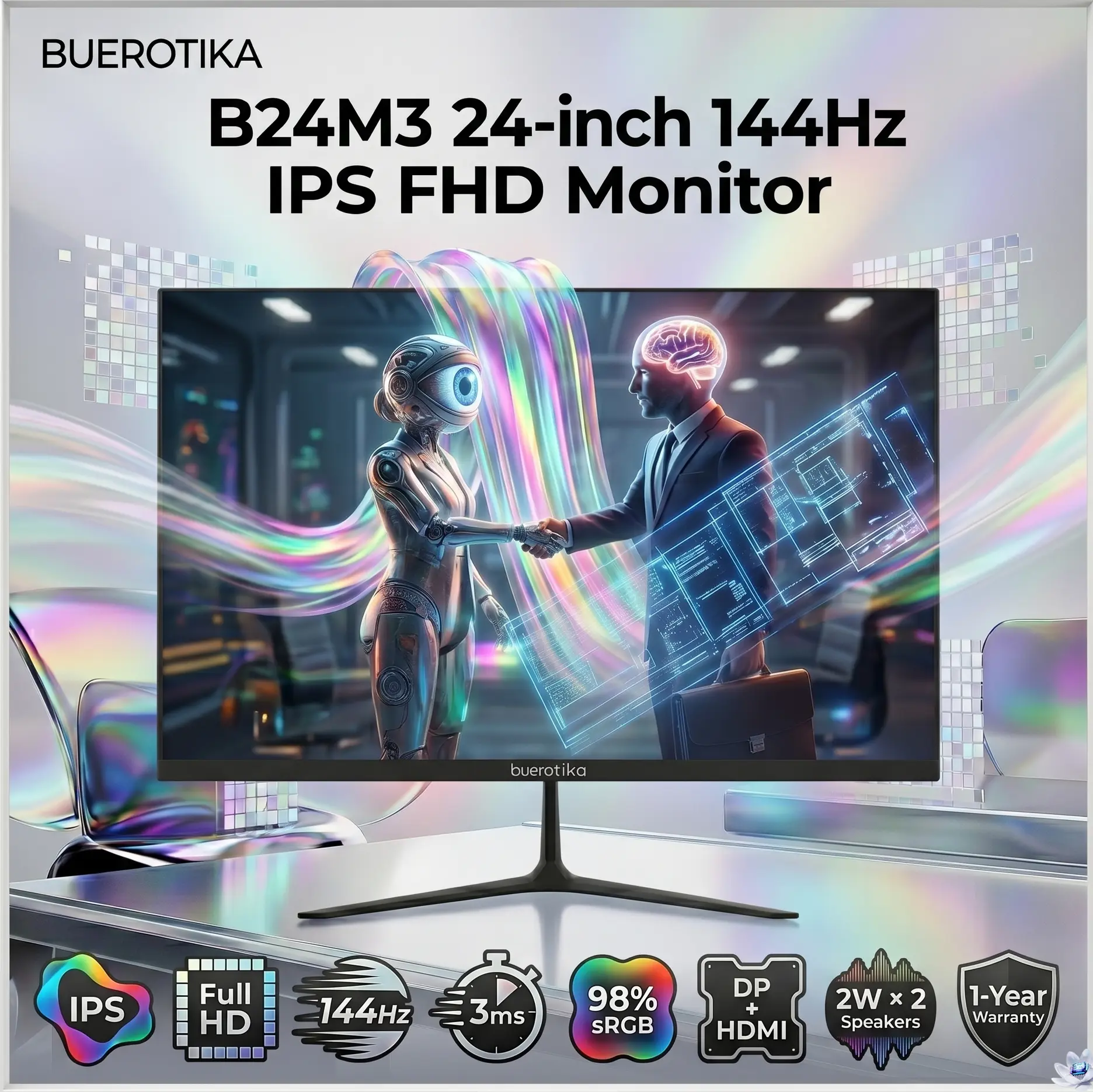 BUEROTIKA B24M3 23.8″ IPS Full HD Monitor, 144Hz, 3ms, 98% sRGB, 16.7M Colors, DP, HDMI, Audio Out, Dual 2W Speakers, 1-Year Warranty