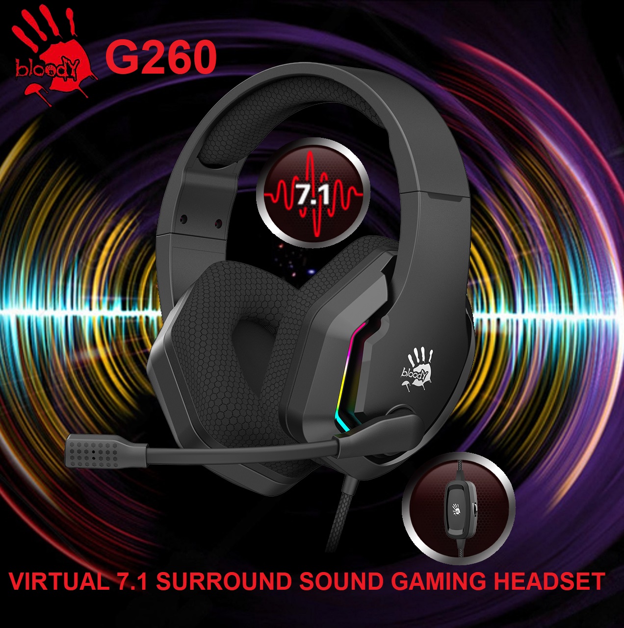 bloody G260 VIRTUAL 7.1 SURROUND SOUND GAMING HEADSET – 50 mm Speaker Unit – RGB Flow Backlight – Noise Cancelling Mic. – In-Line Controller – USB Plug Port – BLACK