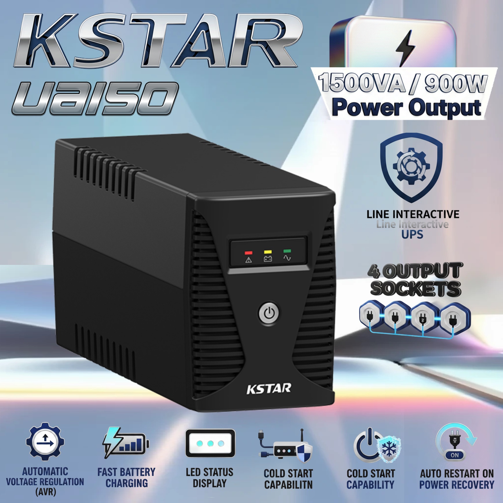 KSTAR UA150 1500VA Line Interactive UPS With Double Boost Single Buck AVR, 900W Output, Simulated Sinewave Backup, Cold Start, Fast Charging, Network Protection, Four Output Sockets, 12V / 9Ah × 2 Batteries