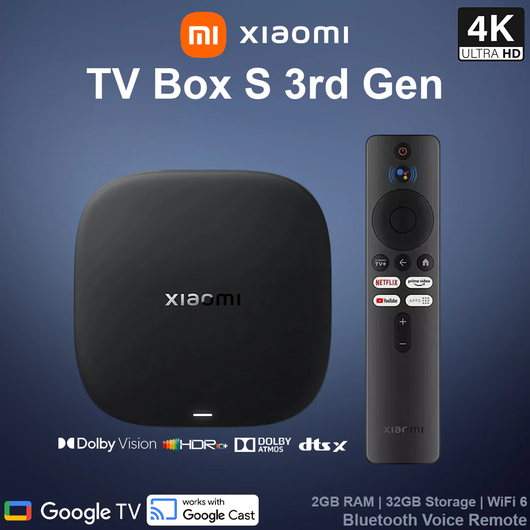 Xiaomi TV Box S (3rd Gen) With 4K UHD, Dolby Vision, Wi-Fi 6, Google TV, 2GB RAM, 32GB Storage, DTS:X Audio, 360° Bluetooth Voice Remote, Quad-Core 2.5GHz CPU