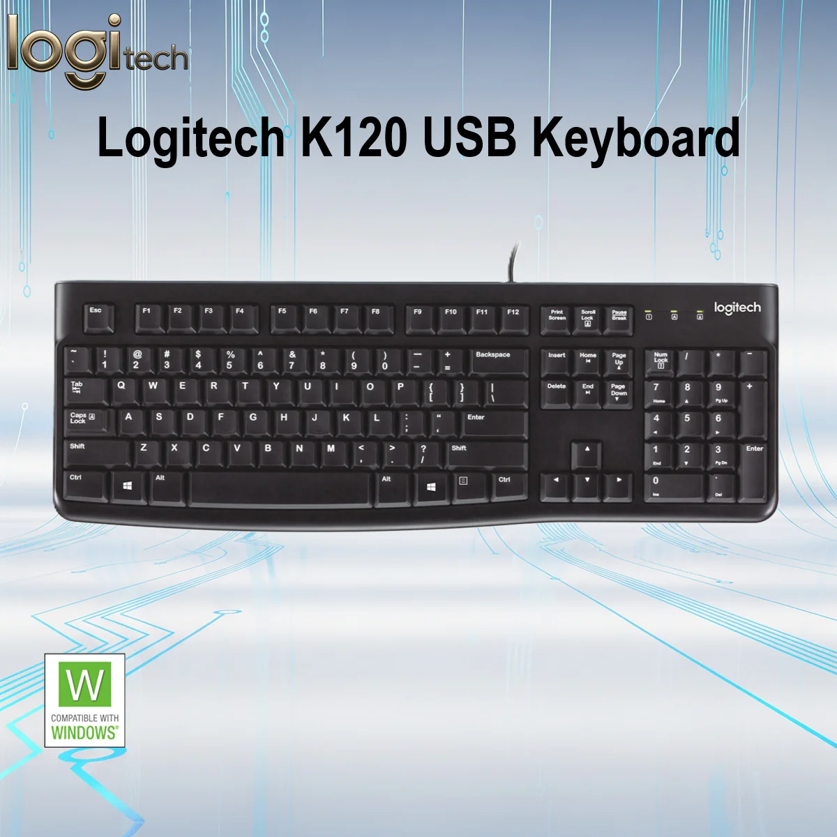 Logitech K120 USB Keyboard Full-Size Wired Plug & Play Spill-Resistant Durable Design With Number Pad, Adjustable Tilt Legs, Deep-Profile Keys, Compatible With Windows | CARBON BLACK