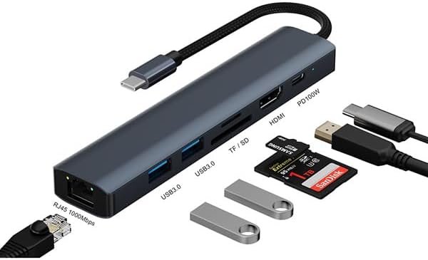 7 in 1 Docking Station, USB C Hub with 3 USB 3.0 Port, 4K HDMI, 1Gbps RJ45 Ethernet, SD/TF Card Reader & 100W PD – Plug and Play, USB Adapter Ethernet for MacBook Pro/Air, Etc