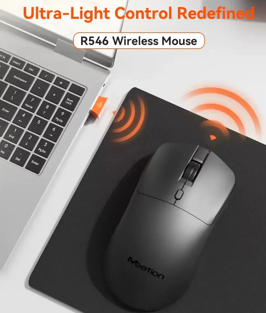 MEETION R546 Silent Wireless Mouse – 2.4GHz, 1600 DPI, 10m Range, Plug & Play, Symmetrical Design, Smart Power Saving, Lightweight, AAA Battery, Silent Clicks