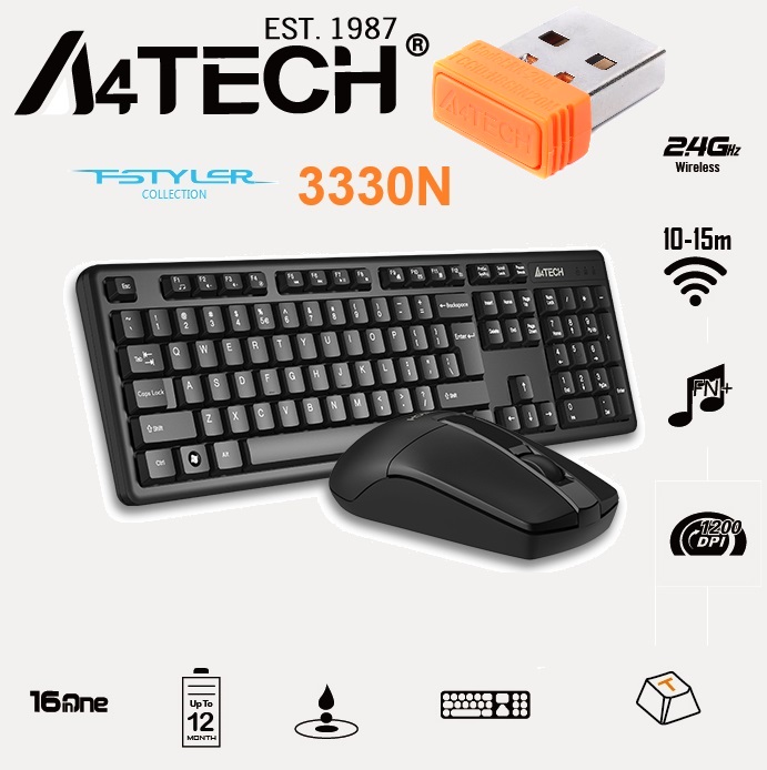 A4TECH 3330N Wireless Keyboard & Mouse Combo ; 2.4GHz Wireless Connectivity with 10-15m Range 1200 DPI – 16 Mouse Gestures – 12 Multimedia Hotkeys – Long lasting Battery | BLACK