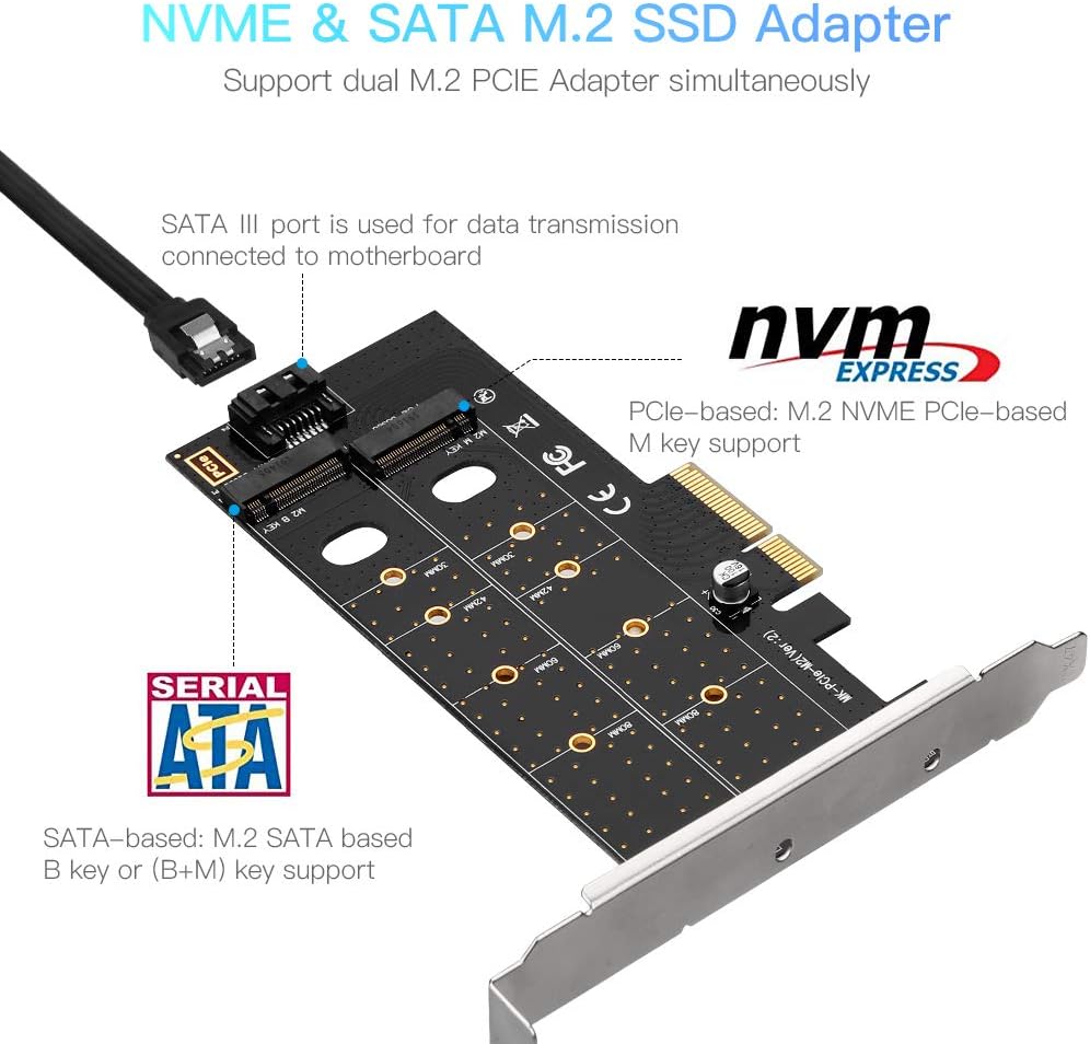 Dual M.2 PCIe Adapter, NGFF PCI-e 3.0 x 4 to SATA or PCIE NVMe SSD Expansion Card Support NVME (m Key) or SATA (b Key) 22110/ 2280/ 2260/ 2242 /2230 Host Controller Express Card | PCIE-DUAL-NVME