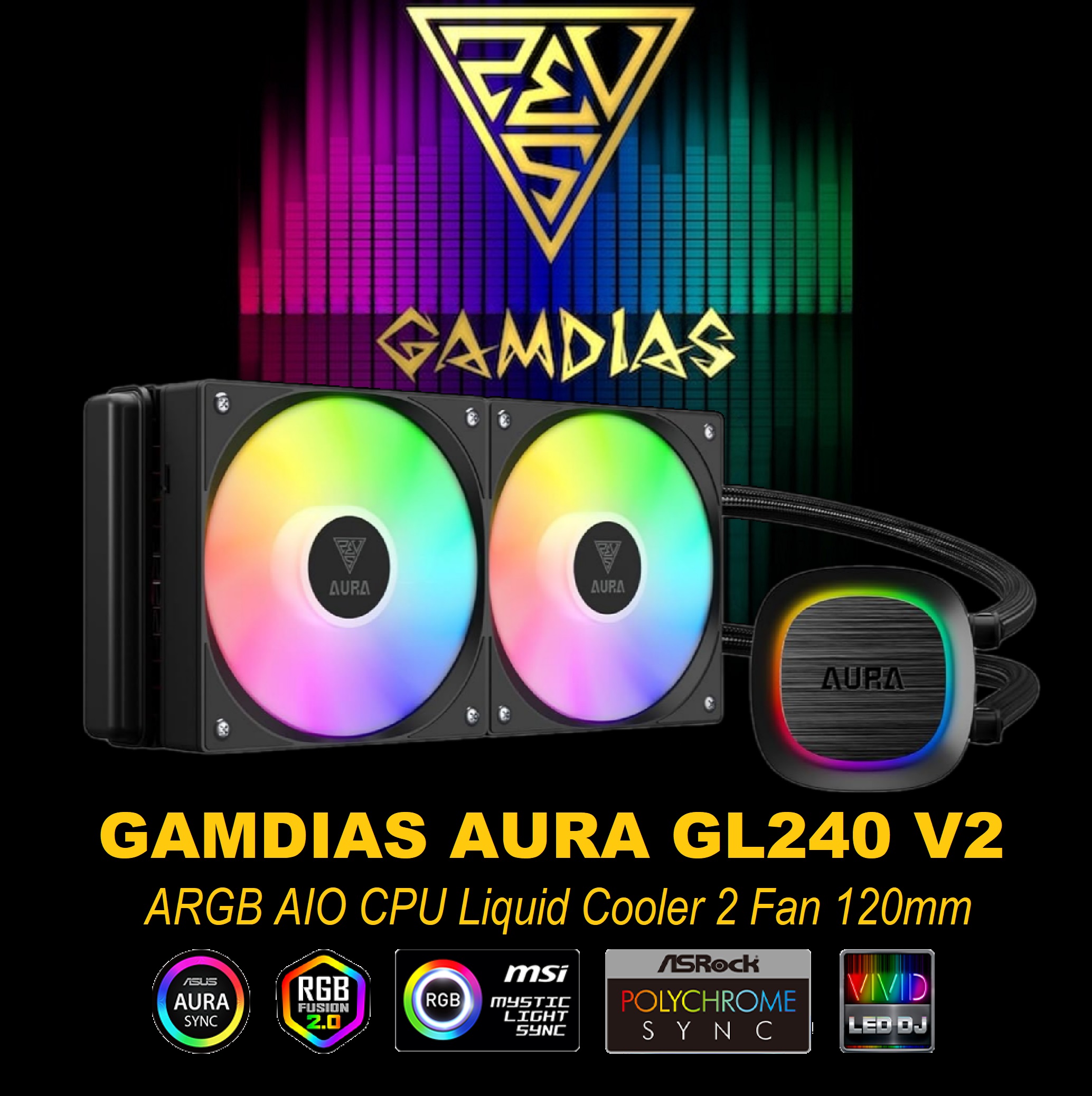 GAMDIAS AURA GL240 V2 ARGB AIO CPU Liquid Cooler , 240mm Radiator, 2 x 120mm PWM Fans, Cooling System w/ Hidden Cable Design, Rotatable Mirror Style ARGB Pump for Intel/AMD Ryzen – BLACK AURA-GL240-V2-B