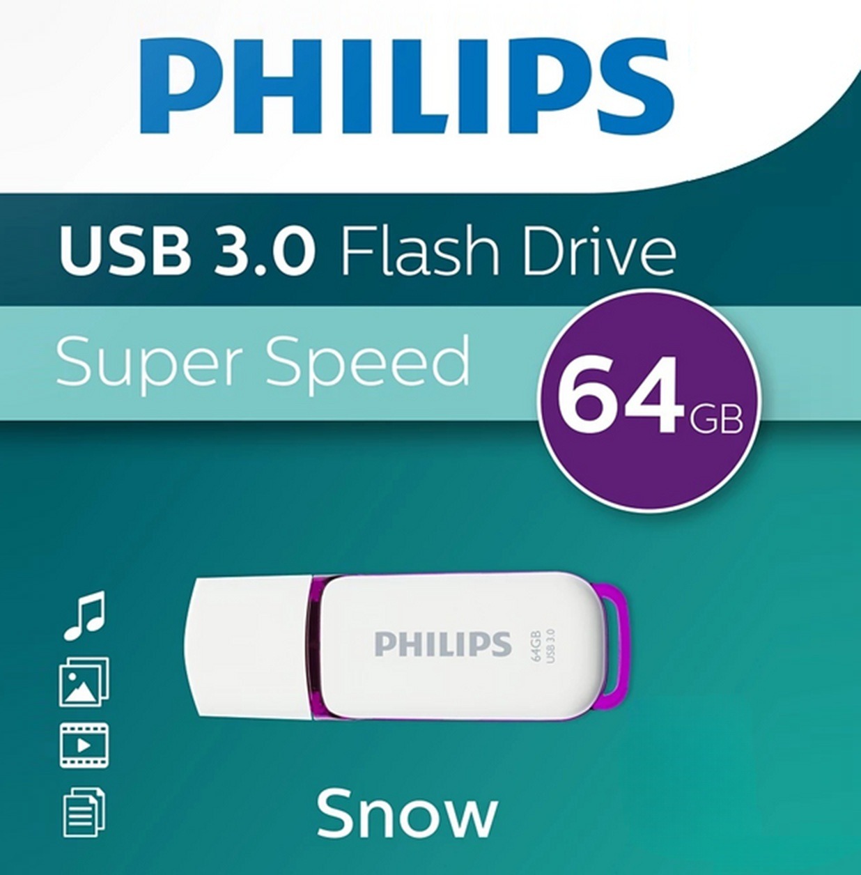 Philips USB Flash Drive 64GB Snow Edition USB 3.0, High-Speed Data Transfer, LED Activity Indicator, Plug And Play Storage, for Windows® / Mac OS/ Linux | FM64FD75B