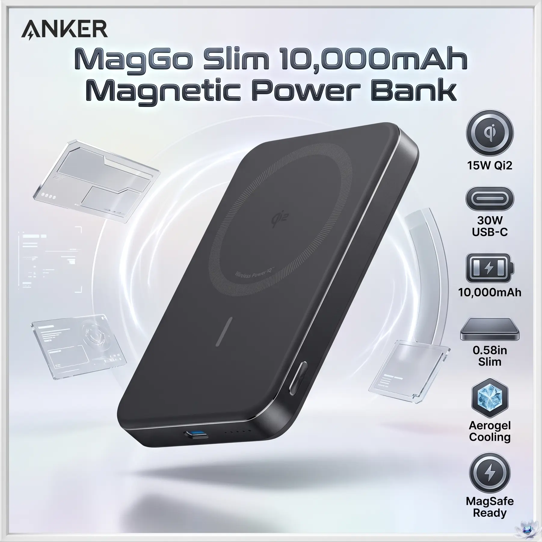 Anker MagGo Slim 10,000mAh Qi2 Magnetic Power Bank, 15W MagSafe Wireless Charging, 30W USB-C Fast Charging Portable Battery Pack For iPhone 17/16/15/14 Series – Black Stone