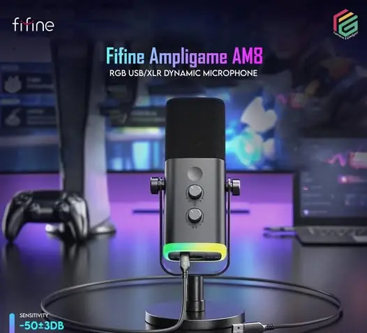 FIFINE AMPLIGAME AM8 USB/XLR Dynamic Microphone – Black | RGB Lighting, Tap-to-Mute, Cardioid Pattern, Volume & Monitoring Controls, Dual Connection for Gaming & Streaming