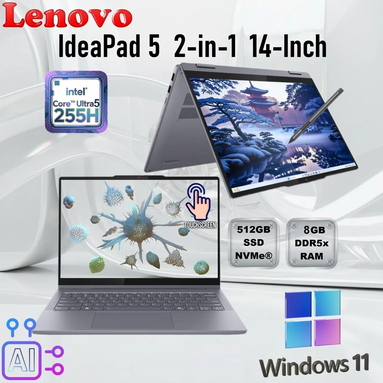 Lenovo IdeaPad 5 2-in-1 14IAL10 : Intel® Core Ultra 5 255U | 8GB DDR5x RAM ; 512GB SSD NVMe® | 14-inch WUXGA IPS TouchScreen | Intel® Graphics | Backlit Keyboard | Windows® 11 | Luna Grey