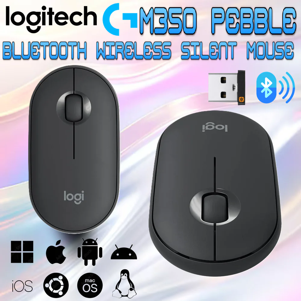 Logitech M350 Pebble Wireless Silent Mouse with Bluetooth or 2.4 GHz Receiver, Slim Computer Mouse with Quiet Clicks, for Laptop/Notebook/iPad/PC/Mac/Chromebook | Graphite