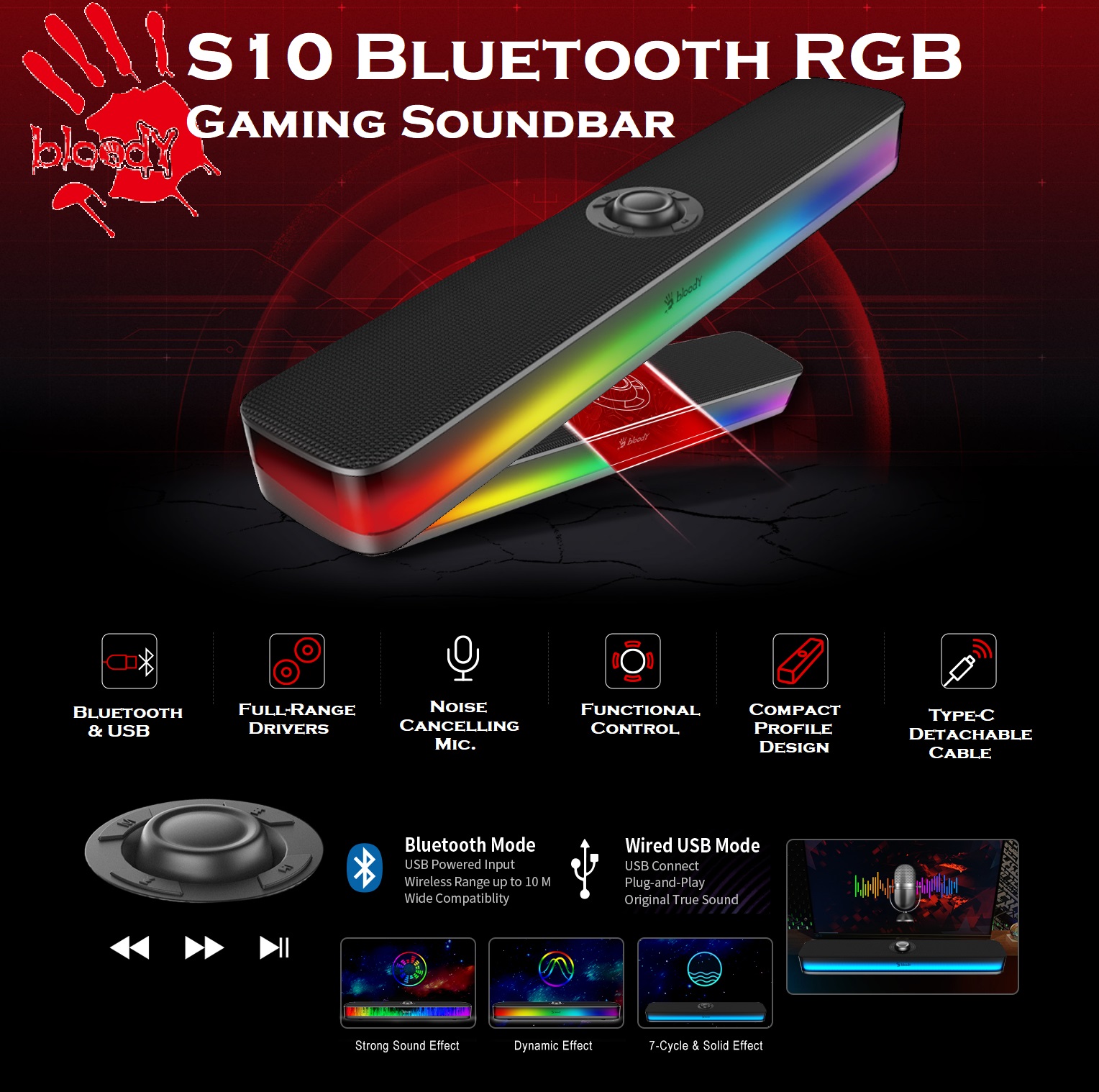 bloody Bluetooth RGB Gaming Soundbar ; Speaker + Mic | Bluetooth & USB Wired Connectivity | Dynamic RGB Effect | Noise Cancelling Mic | All-In-One functional knob | Compatible with PC, MAC, PS5/PS4 | Sleek Black