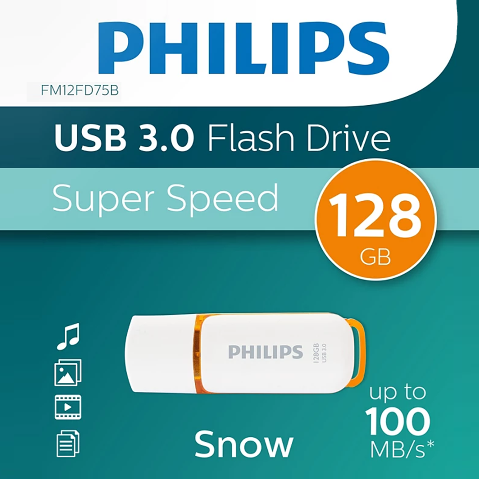 PHILIPS 128GB USB 3.0 Flash Drive Snow Edition, SuperSpeed Data Transfer, LED Indicator, Protective Cap, Pocket Size Memory Key | FM12FD75B/97