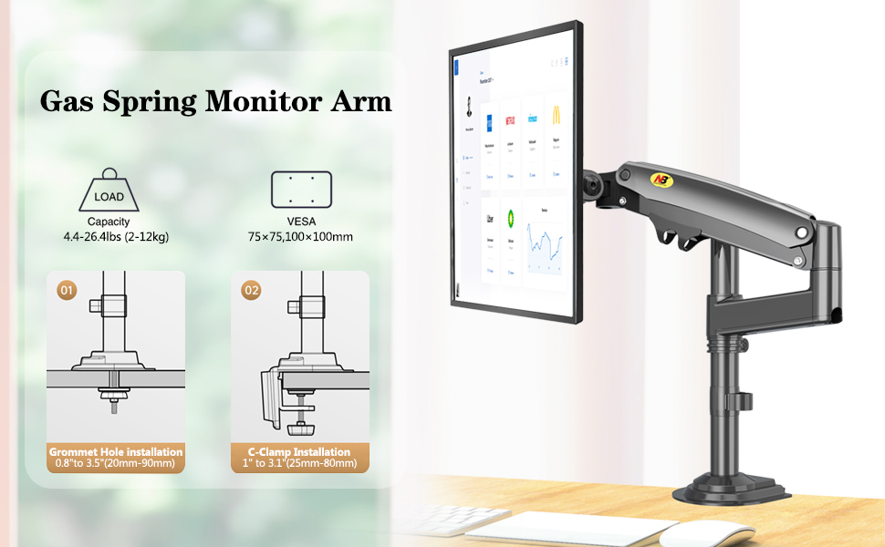 Monitor Desk Mount Long Arm for Monitors from 22″ – 30″ / Bracket Load 2-12 Kgs; Ultra Wide Full Motion Swivel Height Adjustable Monitor Stand H100