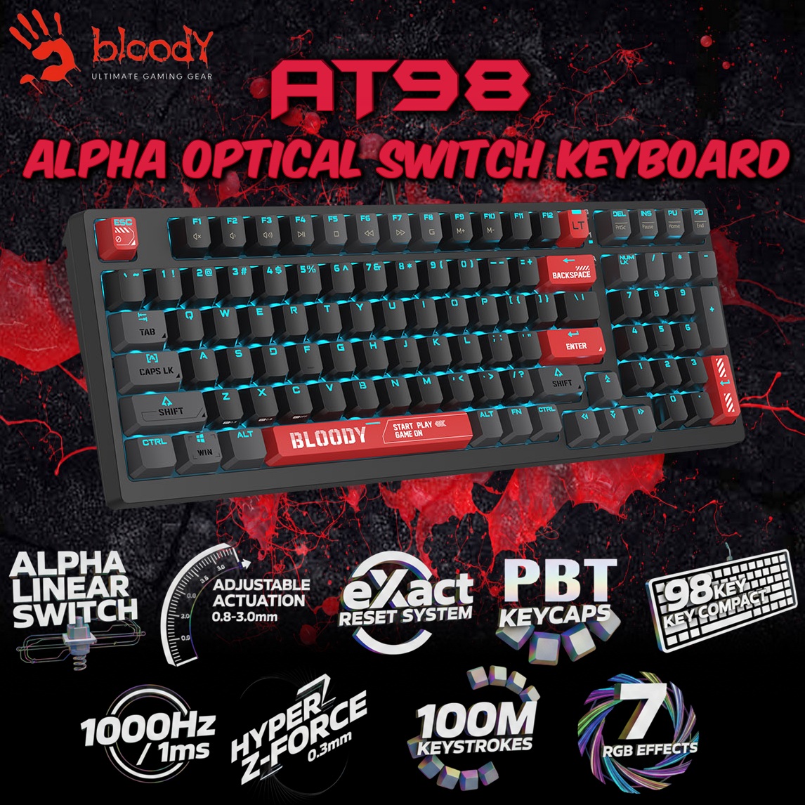 BLOODY AT98 Alpha Optical Gaming Keyboard, 98-Key Compact, Linear Switch, 1000Hz / 1ms, 100M Keystrokes, Adjustable 0.8–3.0mm Actuation, PBT Keycaps, 7 RGB Backlit Effects | BLOODY RED