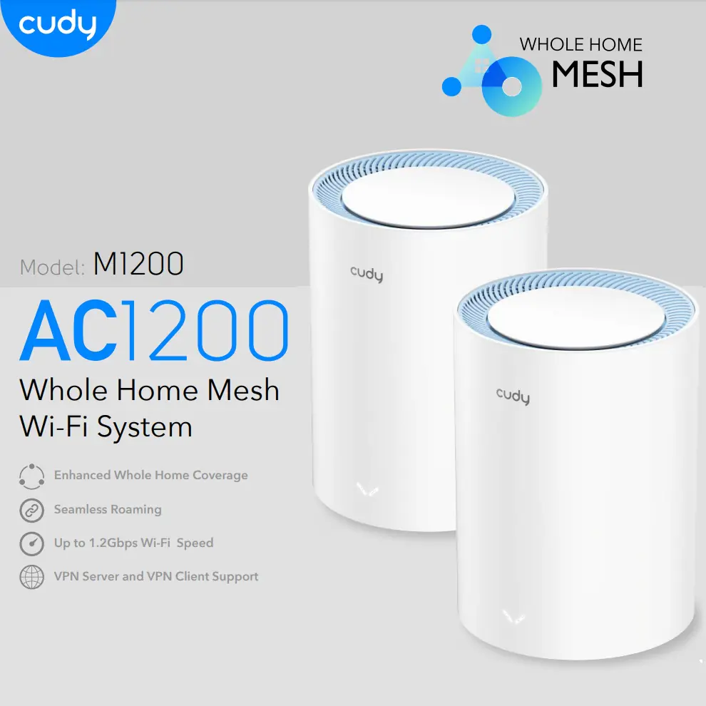 Cudy M1200 2-Pack AC1200 Whole Home Mesh 4-Stream Dual-Band WiFi Router & Range Extender; 2× Fast Ethernet Ports ; MU-MIMO, Beamforming 2 ; VPN Server and Client | 2 PCS WHITE | NO WARRANTY