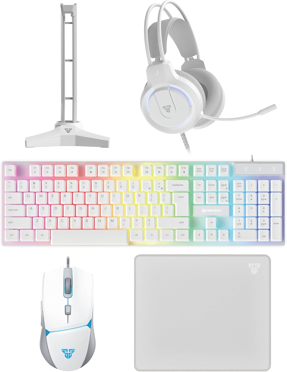 Fantech P51 5 in 1 WHITE Power Bundle : Flash HQ53 Headset , Tower II AC304 Headset Stand , Shikari K515 Gaming Keyboard , Vigil MP356 Mousepad , Crypto VX7 Gaming Mouse