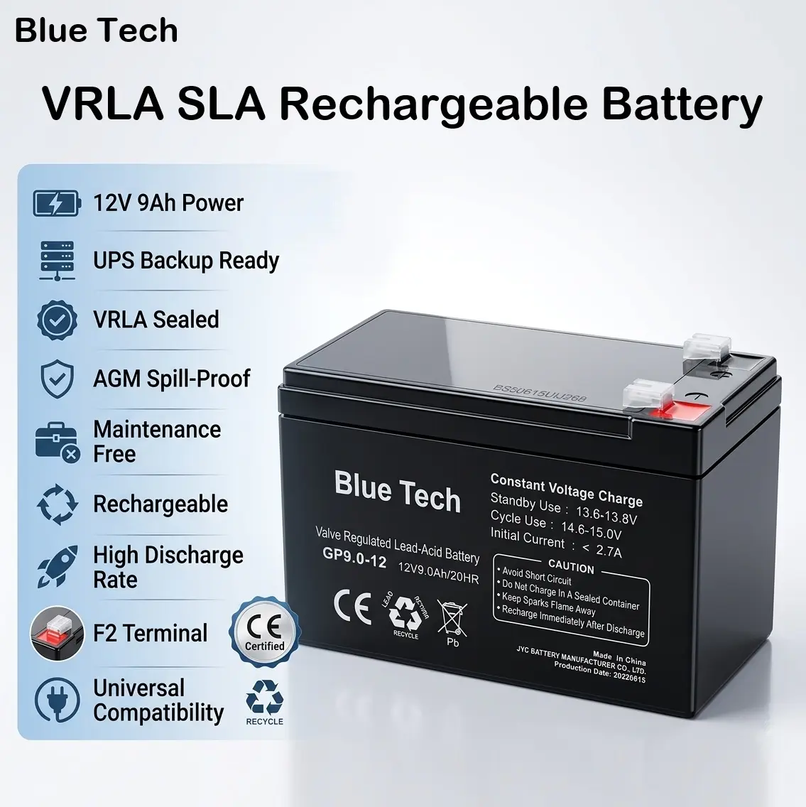 Blue Tech GP9.0-12 12V 9Ah VRLA SLA Rechargeable Battery, Maintenance-Free AGM Design, UPS Backup Power, Spill-Proof F2 Terminal, Standby & Cycle Use