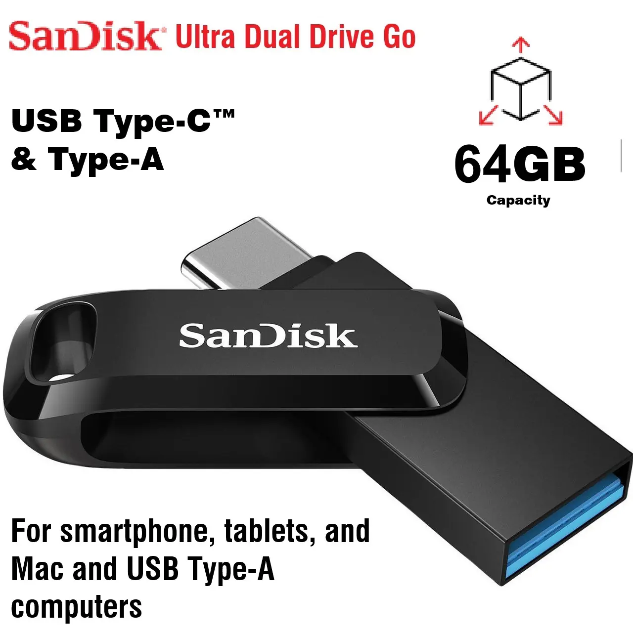 SanDisk Ultra Dual Drive Go USB Type-C – 2-in-1 Flash Drive, 64GB Capacity, USB 3.2 Gen 1 Interface, Swivel Design ,300MB/s Read Speed , Compatible with iOS , Android , macOS , Windows