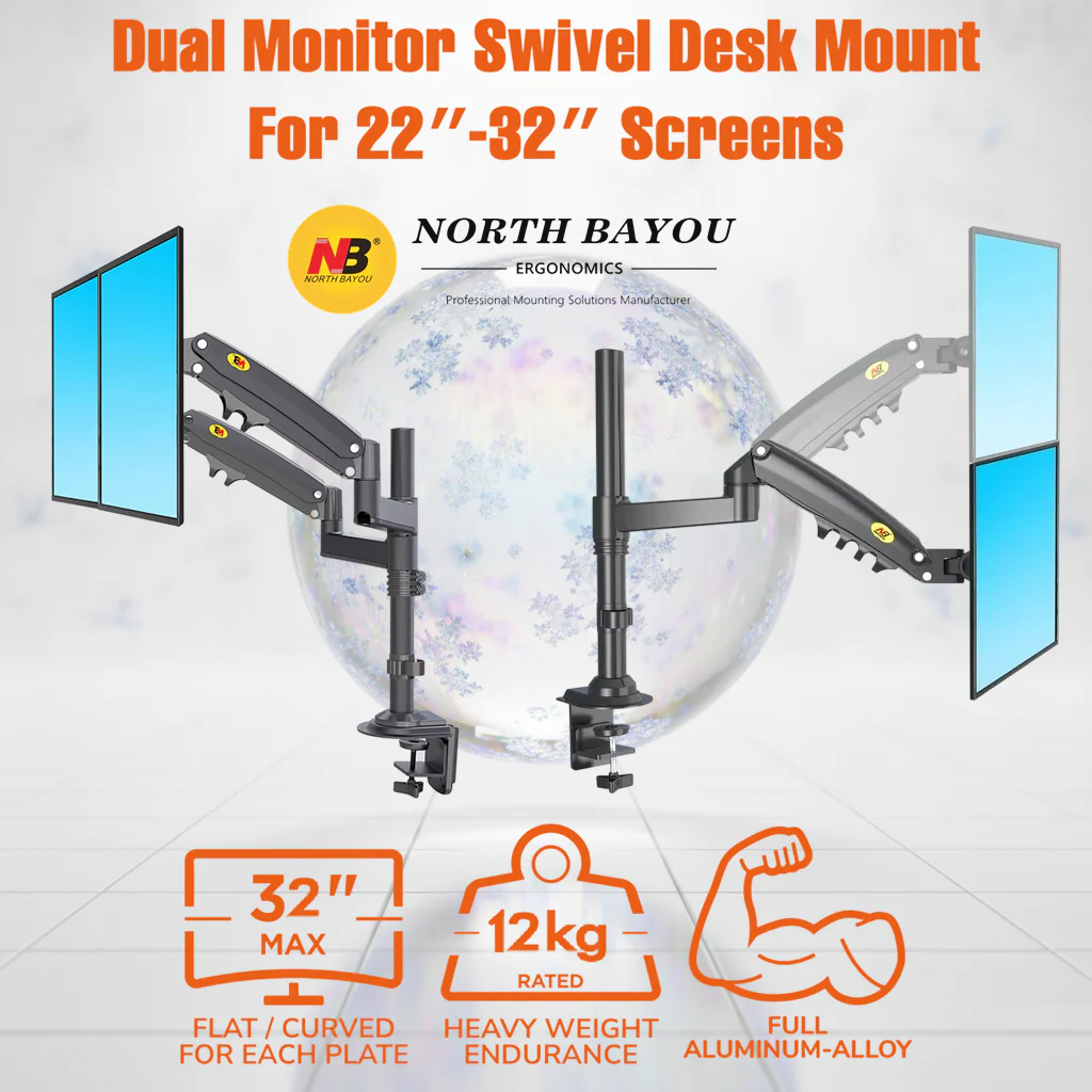 NB North Bayou H180 Full Motion Monitor Desk Mount Arm for 17″–27″ Screens , up to 12kg Per Monitor Load Capacity , (Tilt, Swivel, Rotate) , Cable Management , Clamp & Grommet Mount