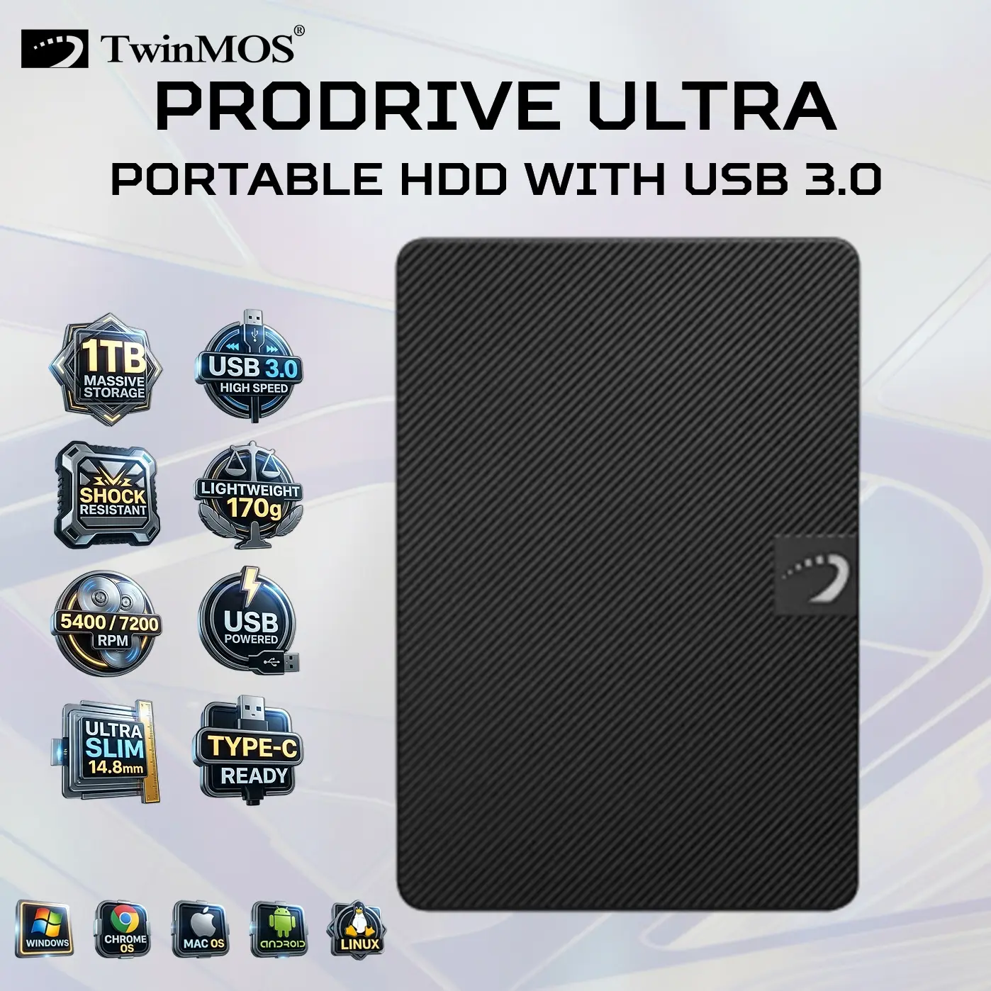 TwinMOS ProDrive Ultra 1TB Portable HDD USB 3.0 High-Speed External Hard Drive, 5400/7200 RPM ,Shock-Resistant , USB-Powered, Super Speed USB 3.0 cable with USB-C converter | BLACK