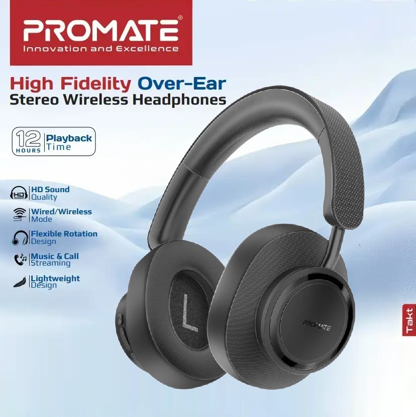 PROMATE High Fidelity Over-Ear Stereo Wireless Headphones ; Bluetooth 5.4 ; 10m Operating Distance ; AUX Support ; Clear Calls ; Effortless Button Control ; Lightweight & Foldable | TAKT BLACK