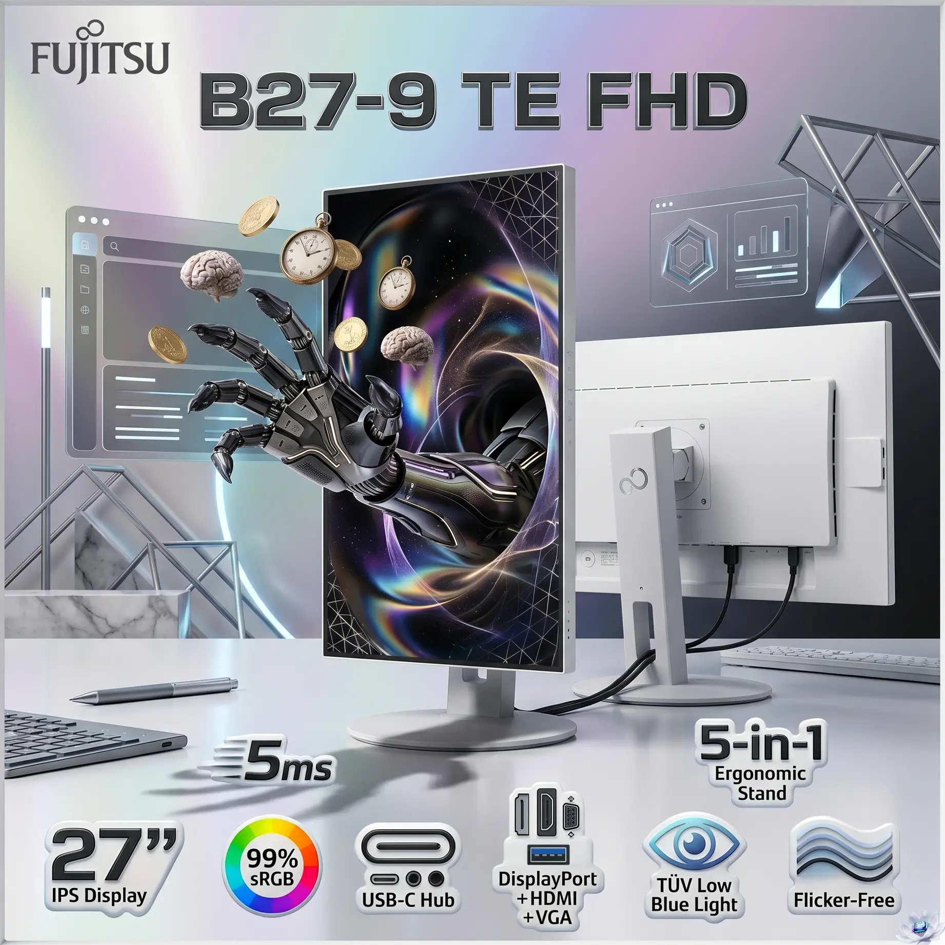 Fujitsu Display B27-9 TE FHD 27-Inch IPS Monitor , 60Hz / 5ms , Full HD 1080p, USB-C Hub, DisplayPort HDMI VGA, Ergonomic Pivot Stand, 99% sRGB | WHITE