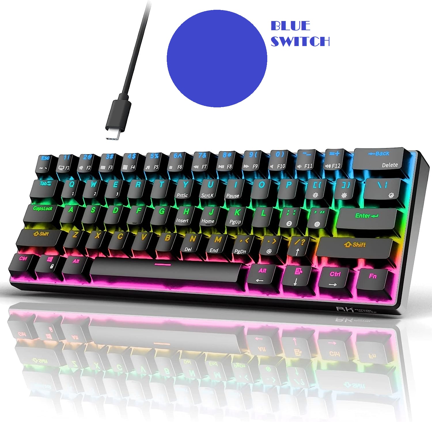 RK ROYAL KLUDGE RK61 61 Keys Mechanical Keyboard , 3 Connection Modes USB-2.4Ghz/Bluetooth/Wired/ Wireless – RGB Hot Swappable Blue Switch Gaming Keyboard – Arabic / English – BLACK