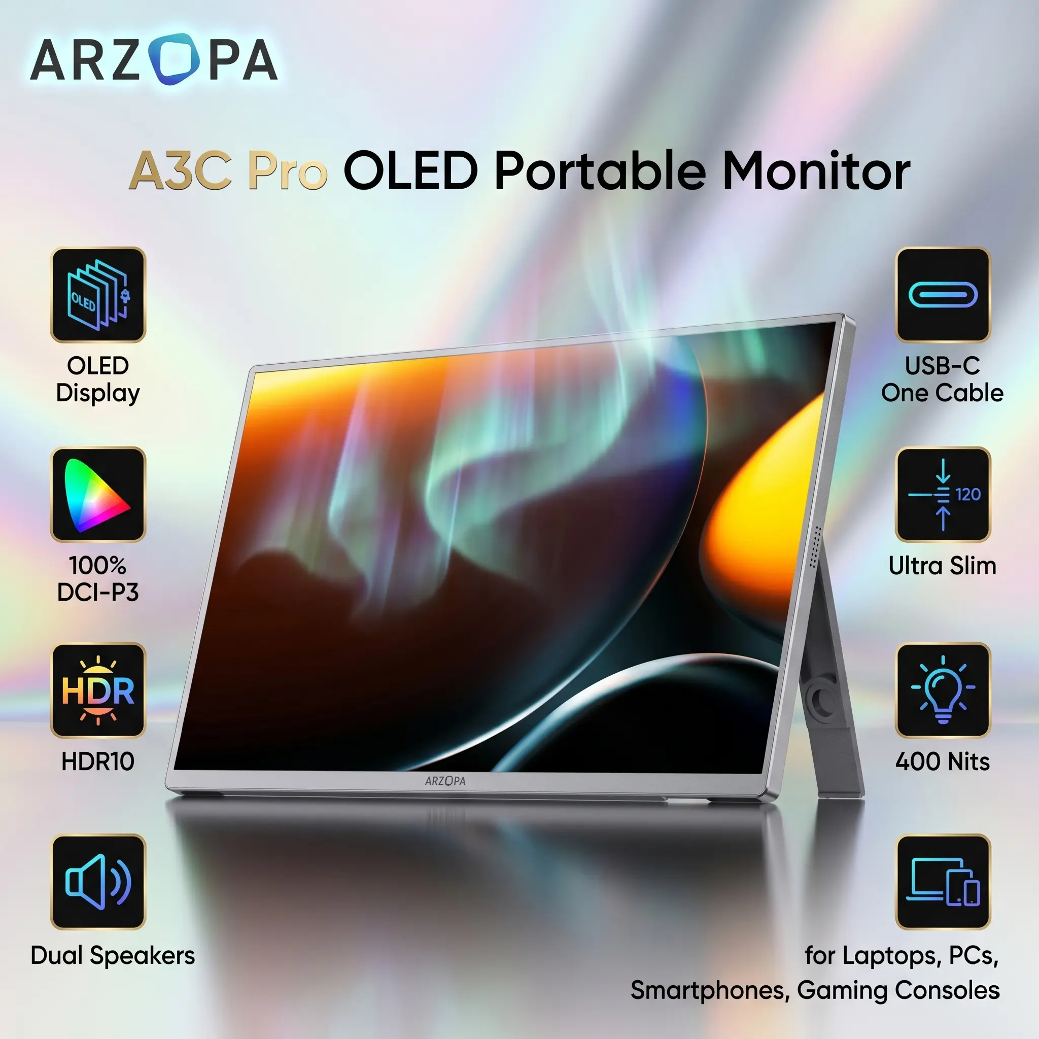 Arzopa A3C Pro 13.3” FHD OLED Portable Monitor, 1ms, 100% DCI-P3, HDR10, 400 Nits, USB-C One-Cable Connectivity, Ultra-Slim 7.9mm, Dual Speakers, HDMI , Protective Sleeve, Compatible, for Laptops – PCs – Smartphones – Gaming Consoles