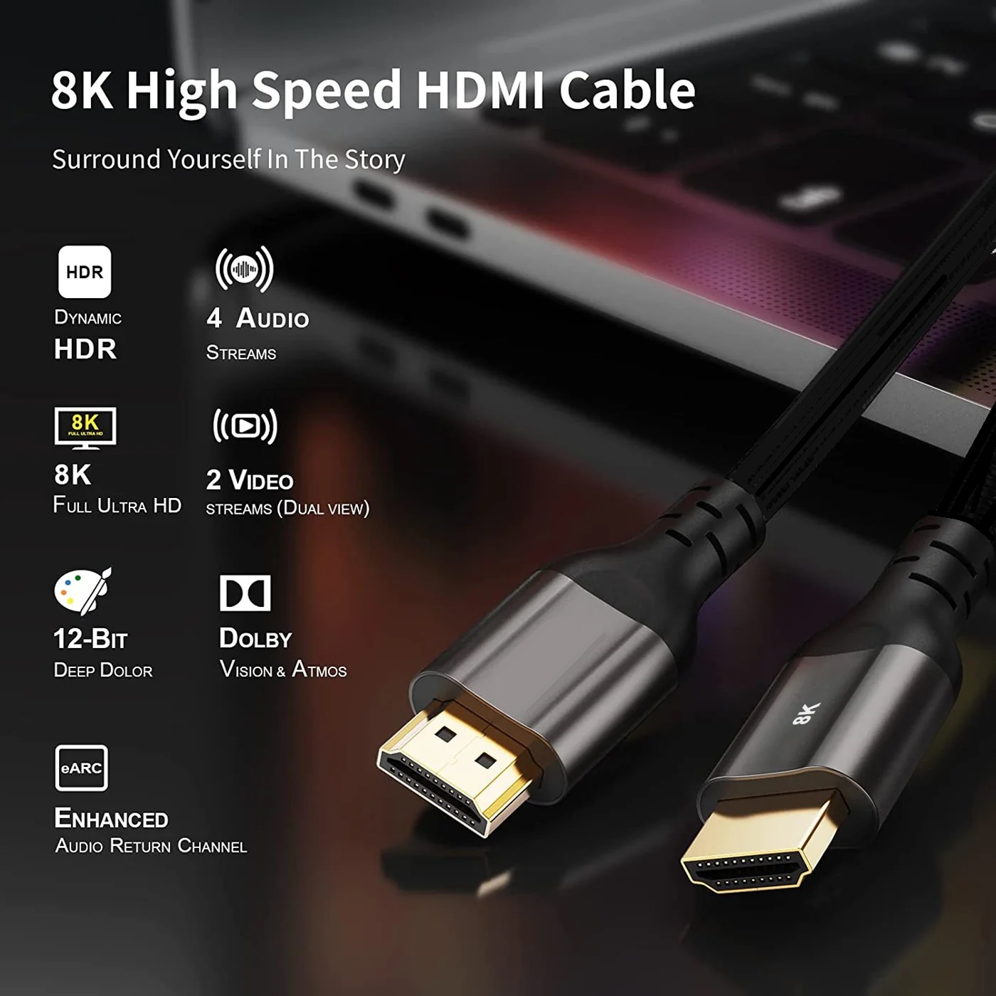 NCTS 8K HDMI to HDMI Cable , 48Gbps Ultra High Speed 3D Support 8K@60 4K@120 144Hz , Feature Dynamic HDR, eARC, Dolby Atmos – HDMI Cables for Monitors, HDTV, Projectors | 3 meters