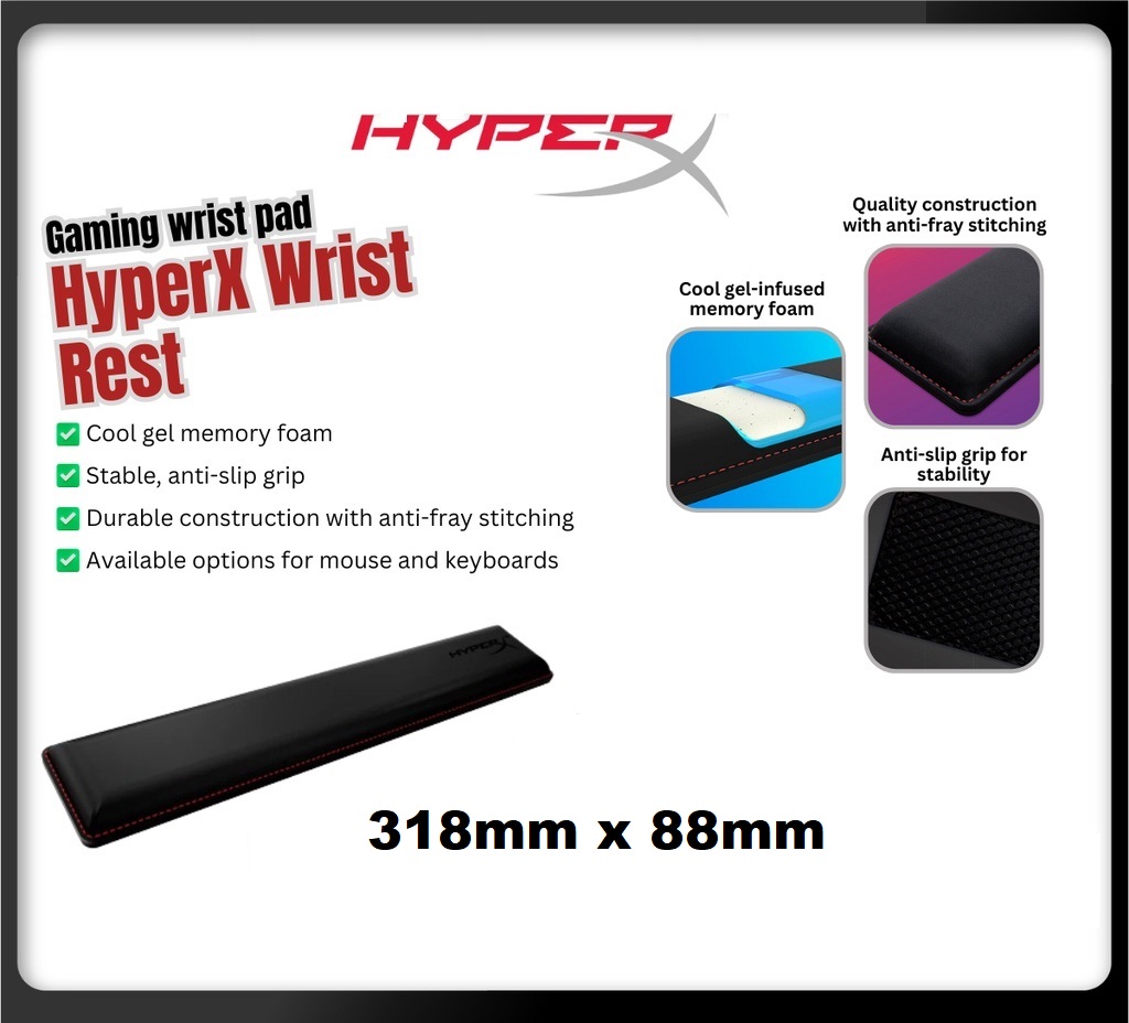 HYPERX WRIST REST 60% 318mm x 88mm – COOL GEL-INFUSED MEMORY FOAM – ANTI-FRAY STITCHING – ANTI-SLIP GRIP – Black