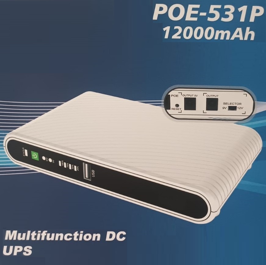 HIPIX mini UPS 12000mAh POE-531P ; mini UPS 12000mAh ; DC Output 9V / 12V ; POE Port 15V / 24V; USB-A Output 5V | WHITE