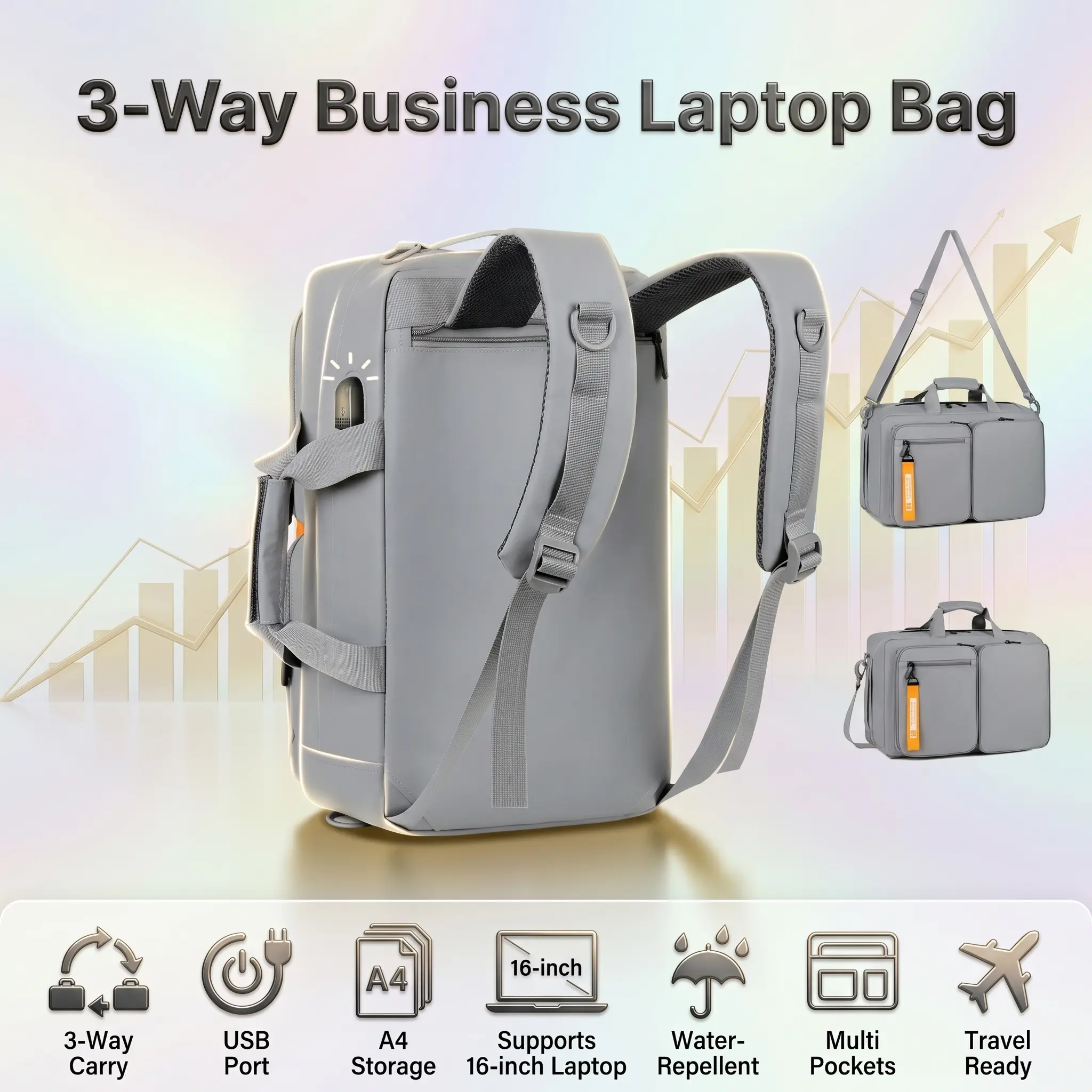 3-Way Business Laptop Bag , Backpack – Shoulder – Handbag Convertible Design, Large Capacity A4 / 16-inch Laptop Storage , USB Charging Port, Water-Repellent Oxford Fabric, Multi Pocket | Light Gray