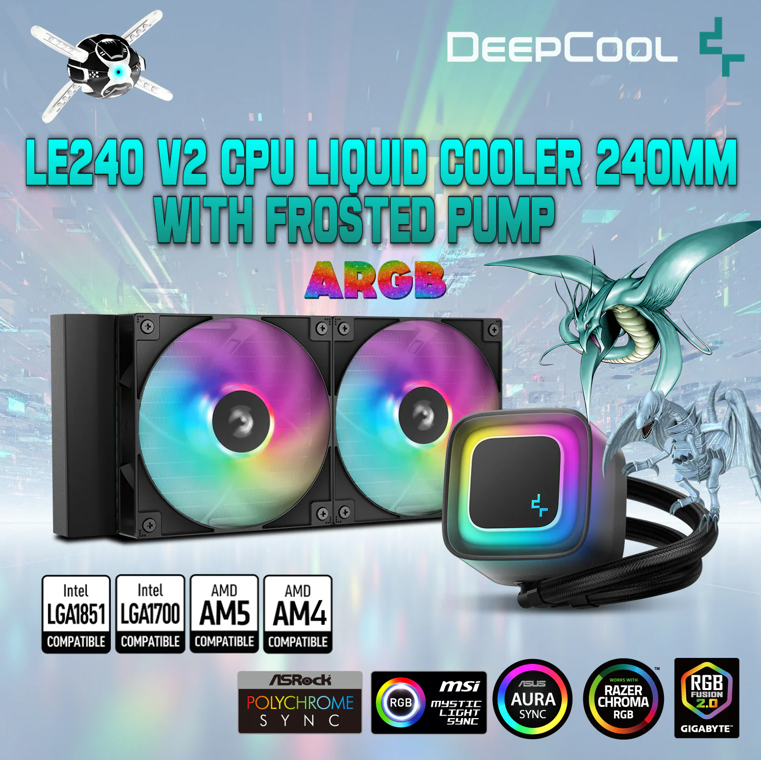 DeepCool LE240 V2 CPU Liquid Cooler 240mm Radiator With Frosted Pump 2x ARGB Fans Anti-Leak Tech PWM Control Intel LGA1851/1700/1200 AMD AM5/AM4 | BLACK