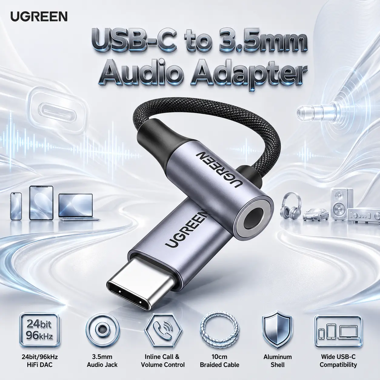 UGREEN 80154 USB-C to 3.5mm Hi-Fi DAC Audio Adapter, 24-Bit/96kHz Sound, Inline Call and Volume Controls, 10cm Nylon-Braided Cable, Aluminium Shell, Grey