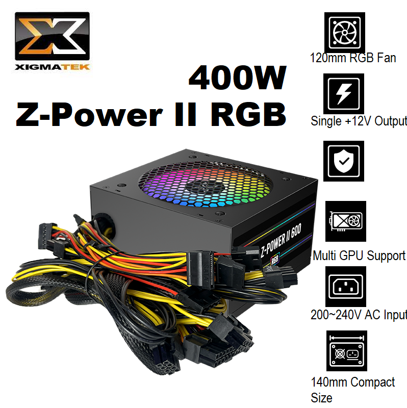 XIGMATEK Z-Power II RGB 600 PSU Non-Modular 400W – 120mm RGB Fan – AC 230V Input, Double Forward- Intel & AMD Motherboard – OPP/UVP/OVP/SCP Protection | BLACK EN44540
