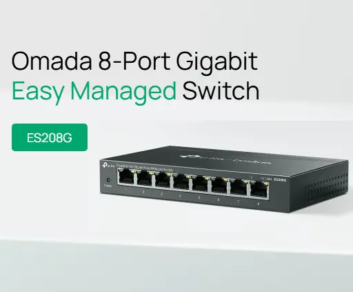 TP-Link Omada ES208G 8-Port Gigabit Easy Managed Switch, Fanless, Cloud Managed, VLAN, QoS, Port Isolation, Cable Test, Loop Prevention, Compact Metal Design