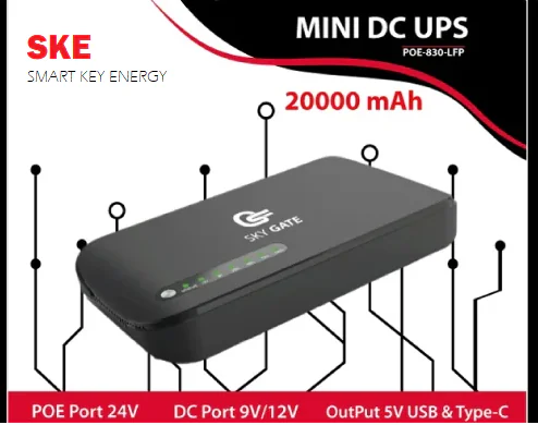 SKE Mini DC UPS 20000mAh – Uninterrupted Power Backup, 24V POE, 9V/12V DC, 5V USB & Type-C, 18W Output, Intelligent Safety, Compact & Portable