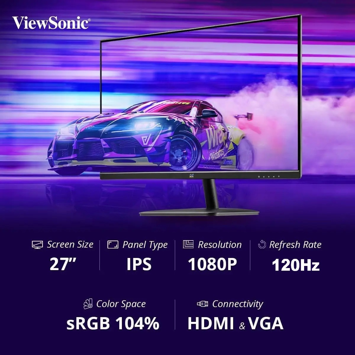 ViewSonic VA2736-H 27 inch Full HD Monitor – 120Hz, IPS Technology, 1ms Response, Borderless Design, Low Blue Light and Flicker-Free Technology ; Tilt Adjustable ; VGA , HDMI 1.4 , Audio Out Connectivity
